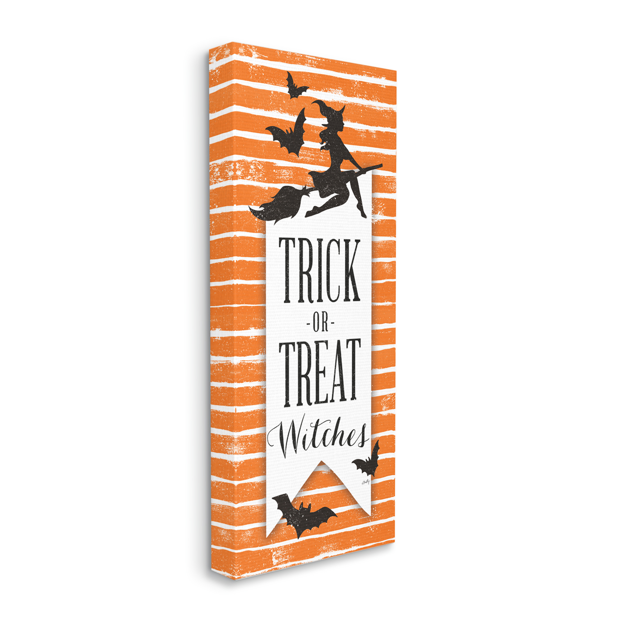 Trick Or Treat Witch Silhouette Orange Stripes Pattern Holiday Graphic Art Gallery-Wrapped Canvas Print Wall Art