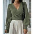 thumbnail image 6 of Women'S Casual V Neck Wrap Sweater Pullover Long Sleeve Slim Fit Knit Crop Top Sweater Grass Green XL, 6 of 9