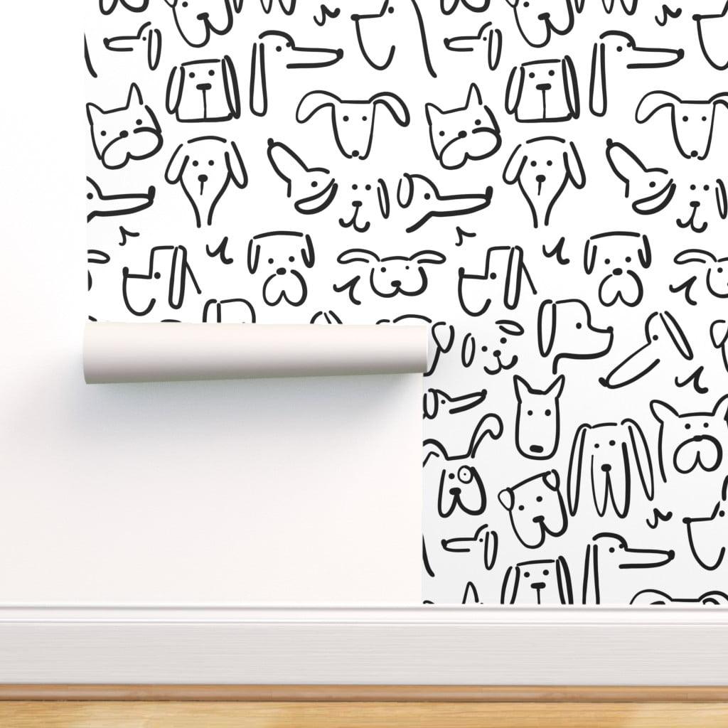 Removable Wallpaper 3ft x 2ft - Playful Pups Dog Doodle Black And White  Custom Pre-pasted Wallpaper by Spoonflower 
