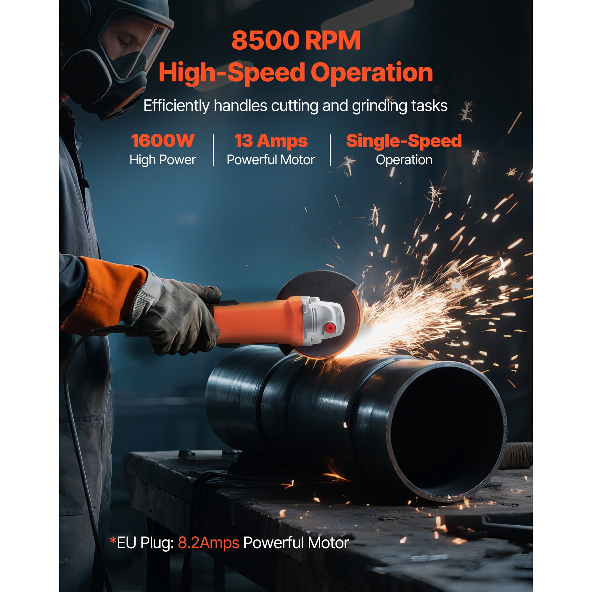 KFFKFF 7" Electric Angle Grinder, 13-Amp High-Speed Power Tool, 8500RPM Corded Grinder with 270° Adjustable Dust Shield for Metal Work, Cutting, and Rust Removal (Disc Not Included)