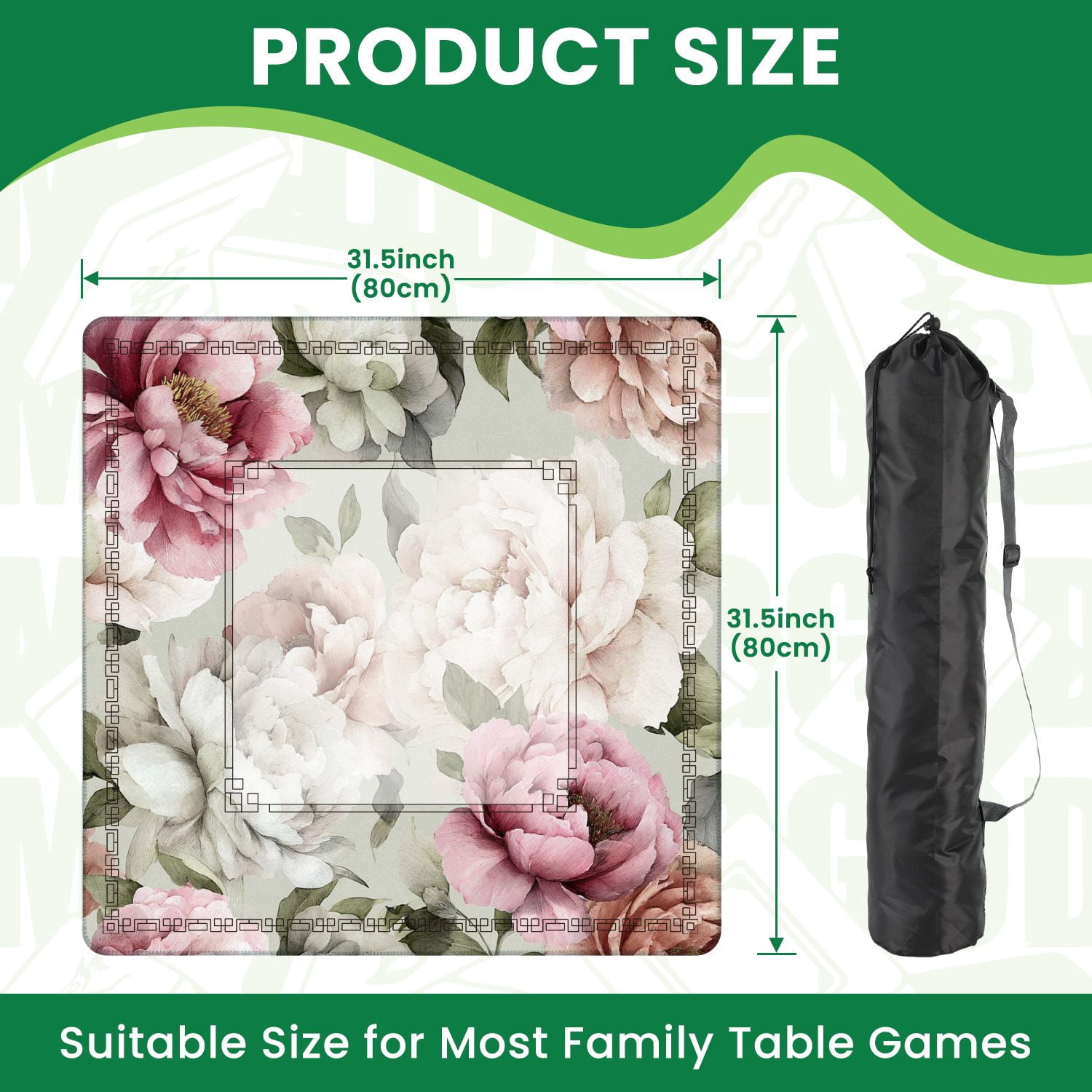 Mahjong Mat 31.5" x 31.5" Seamless floral peonies light watercolor Non-Slip Noise Reduction American Mahjong Tiles Table Cover for Dominoes Poker Card Board Games Gift