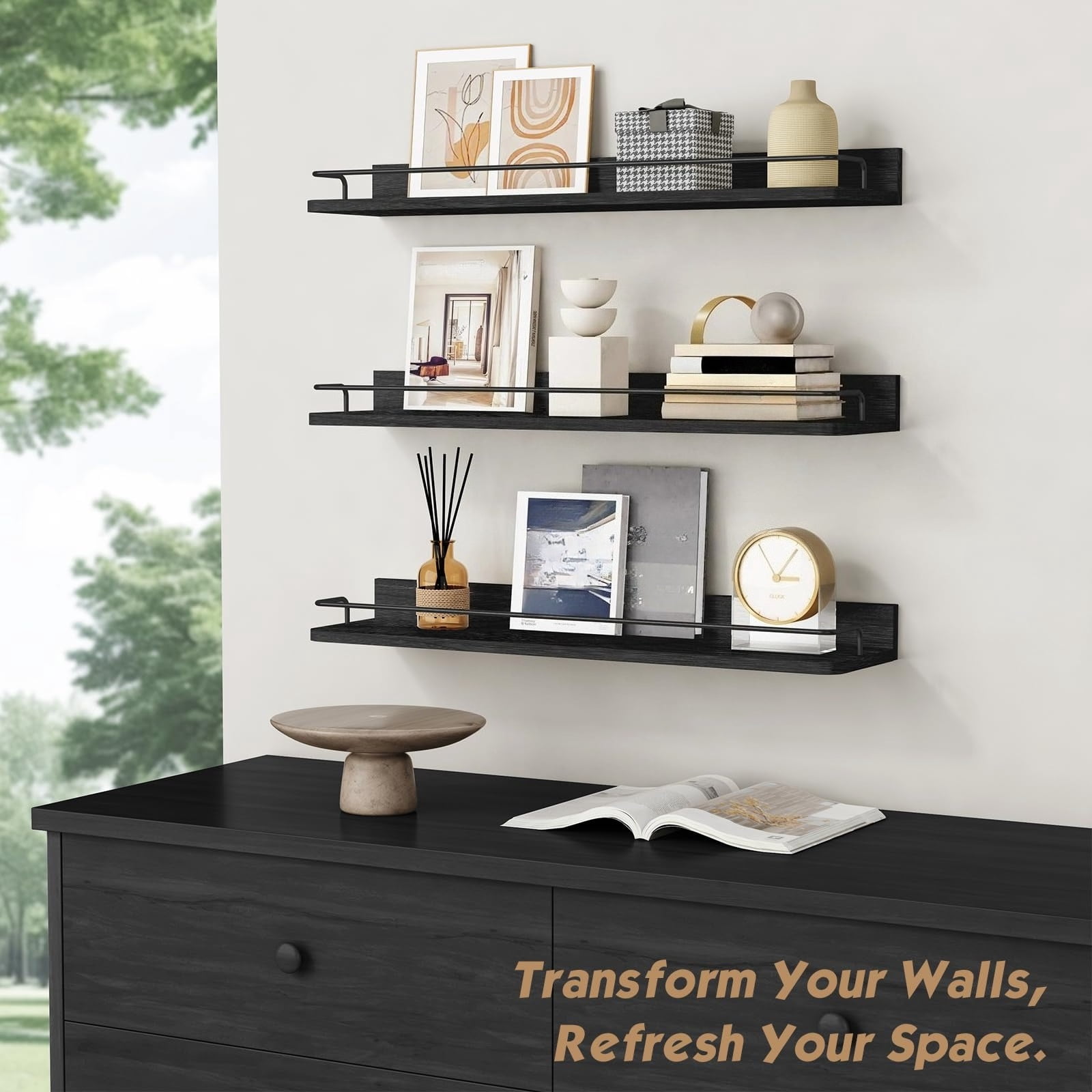 Forbena Gold Floating Shelves for Wall Decor Set of 3, Bathroom Shelves Over Toilet, Modern Display Wall Shelf with Guard Rail for Living Room Bedroom Organizers and Storage - White and Gold