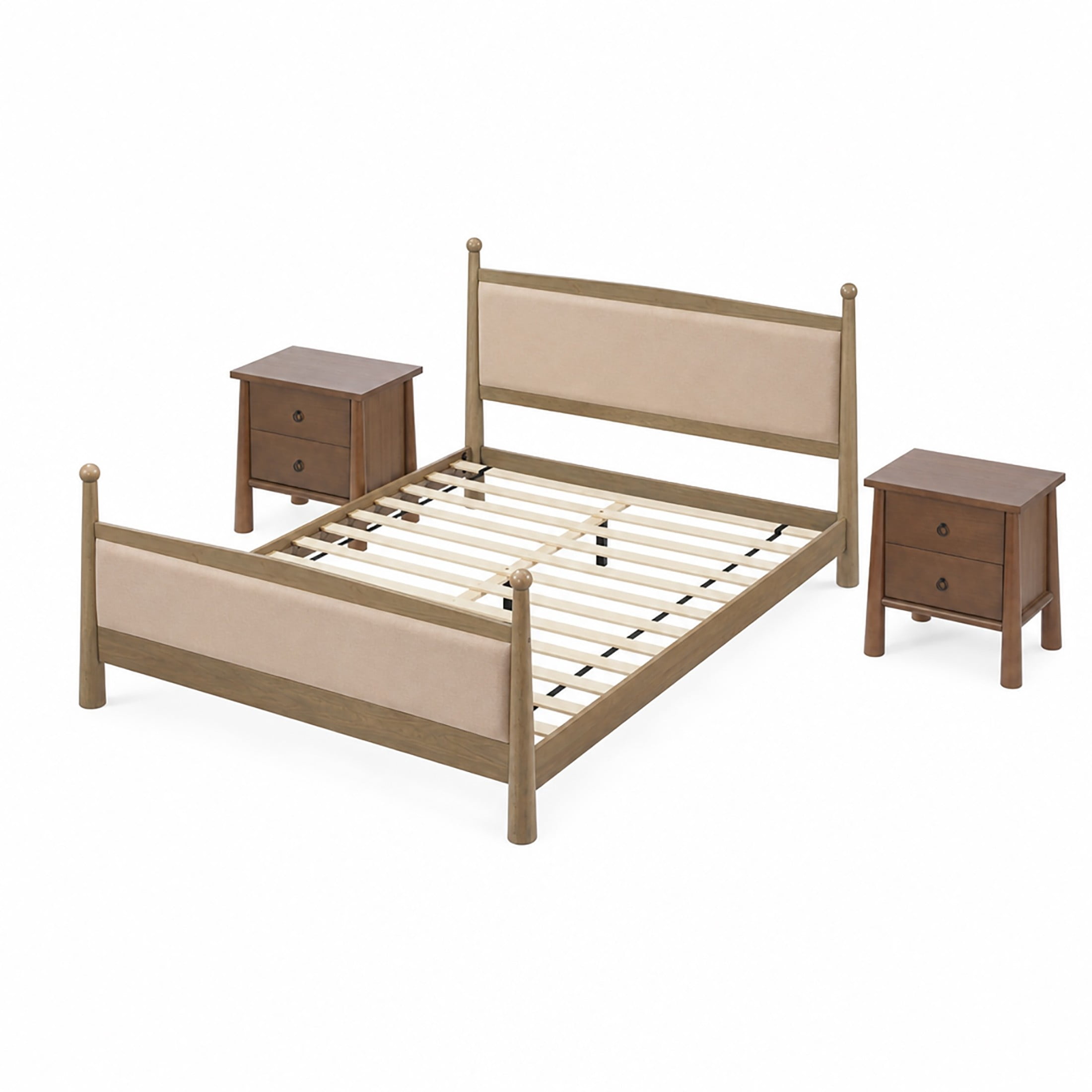 Christopher Knight Home 3-Piece Bedroom Set with Queen Upholstered Bed and 2 Nightstands, Natural+Brown