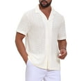 thumbnail image 4 of Men's Hollow Jacquard Shirt Camp Collar Short Sleeve Beach Texture Shirts M Beige, 4 of 6