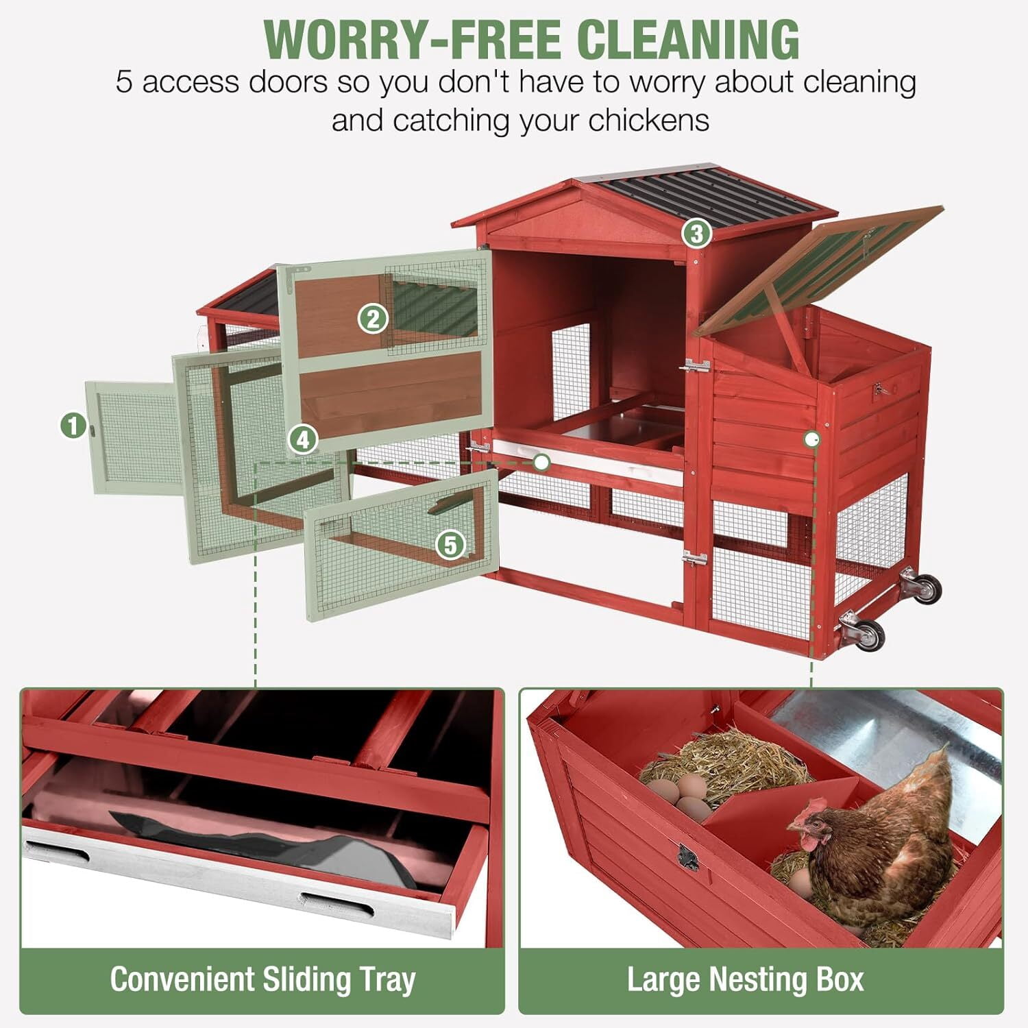 Aivituvin Mobile Chicken Coop with Wheels for 4-6 Chickens, Large Outdoor Hen House with Run, Weatherproof Roof, Sectionable Nesting Box, Pull-Out Tray, 83.3" L x 26" W x 42" H - Red