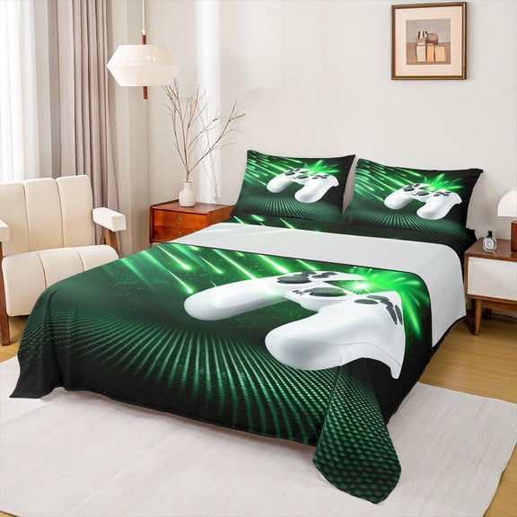 Manfei Female Men White Gamepads Twin Sheet Sets 3pcs,Neon Lights Twin Fitted Sheet Microfiber,Video Game Breathable Flat Sheet,Ultra Soft Home Decor