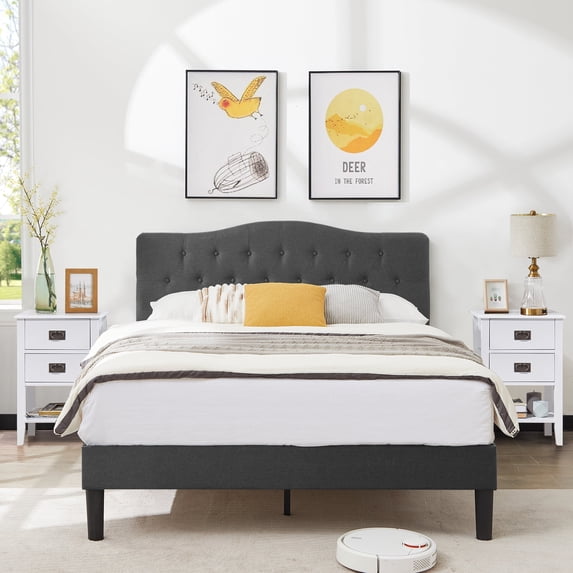 VECELO 3-Piece Bedroom Sets with Full Upholstered Bed Frame and 2 White Nightstands