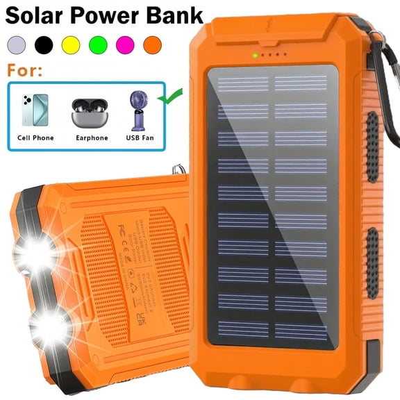 Solar Power Bank 12800mAh, Waterproof Portable Charger with Dual USB Ports, LED Flashlight & Compass for Outdoor Camping