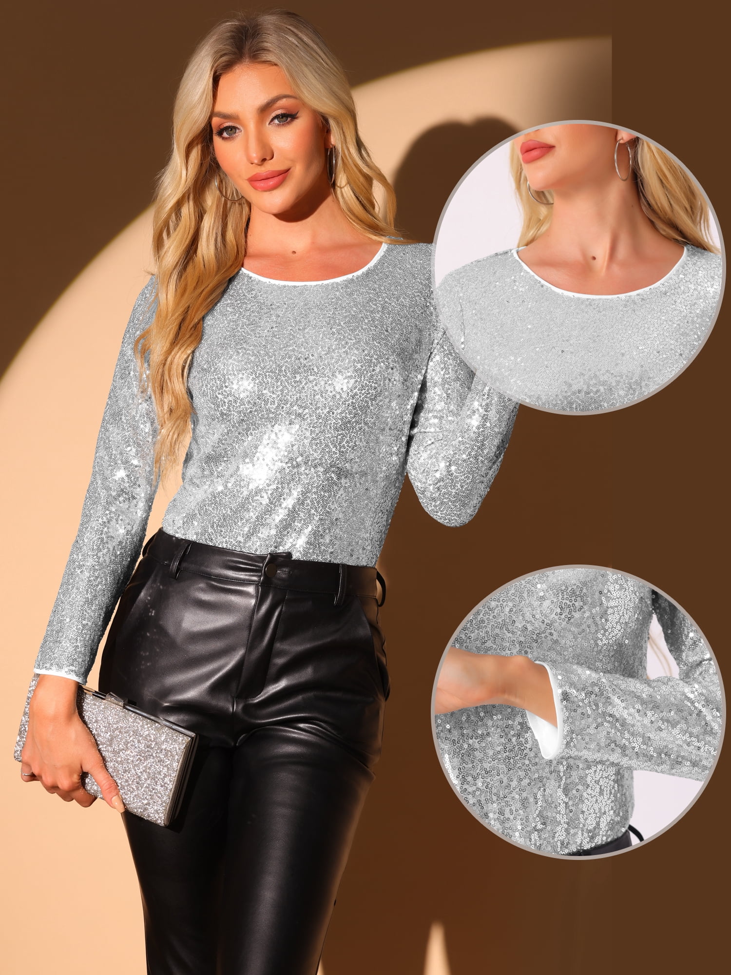 DARING DIVA Women's Round Neck Long Sleeve Shiny Sparkly Blouse XS Silver
