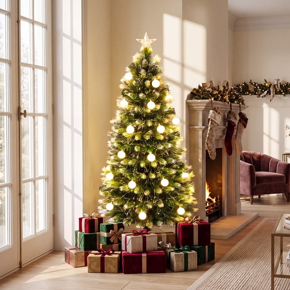 Costway Full Xmas Tree with 180 Branch Tips, 28 Warm White LED Lights, 8 Lighting Modes Green
