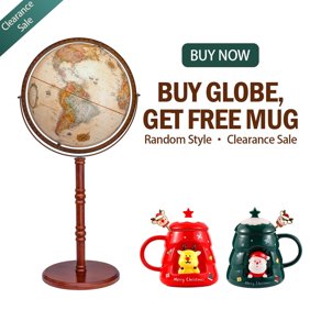 16 Inch Floor Standing World Globe with Wooden Pedestal Stand and Metal Meridian, Rotating Vintage Style Globe for Home, Office and Study Room