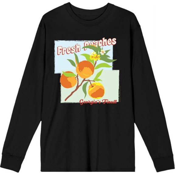 Natural World Fresh Peaches Georgia's Finest Adult Black Crew Neck Long Sleeve Tee-Medium