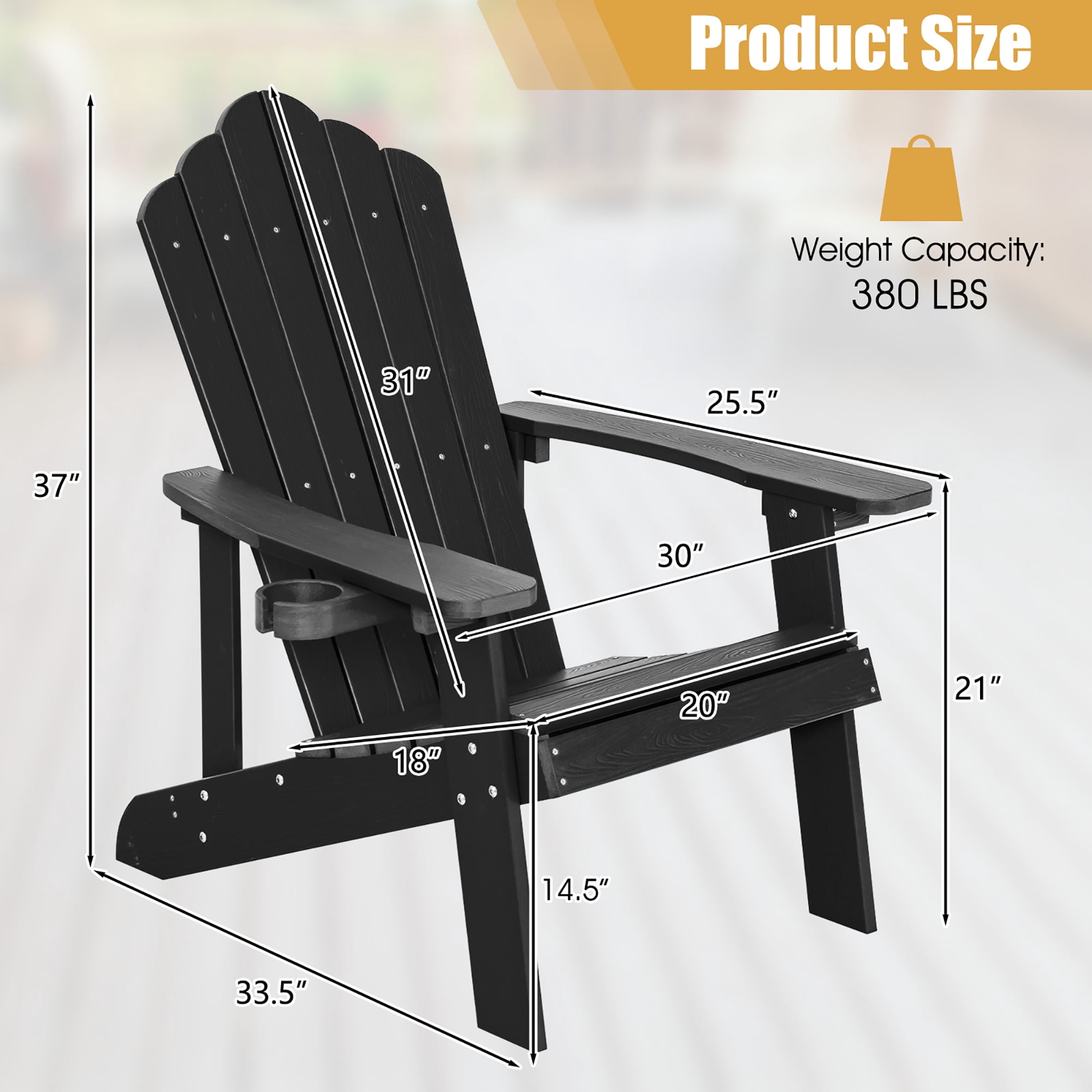 Costway Patio HIPS Adirondack Chair with Cup Holder Weather Resistant Outdoor 380 LBS Black
