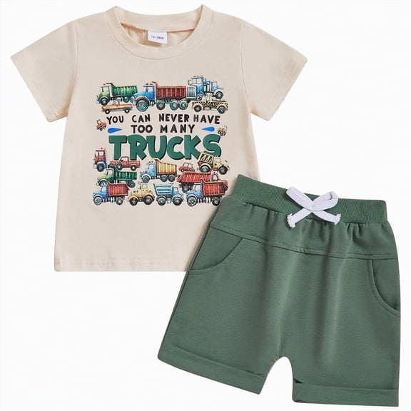 TOWED22 Baby Boy Summer Clothes 2pcs Short Sleeve Shirt Cotton Shorts Dinosaur Truck Print Outfits(Beige,12-18 M)
