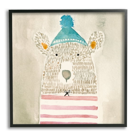 Stupell Industries Playful Bear Portrait Hipster Beanie Red Stripes Animals & Insects Painting Black Framed Art Print Wall Art, 12 x 12