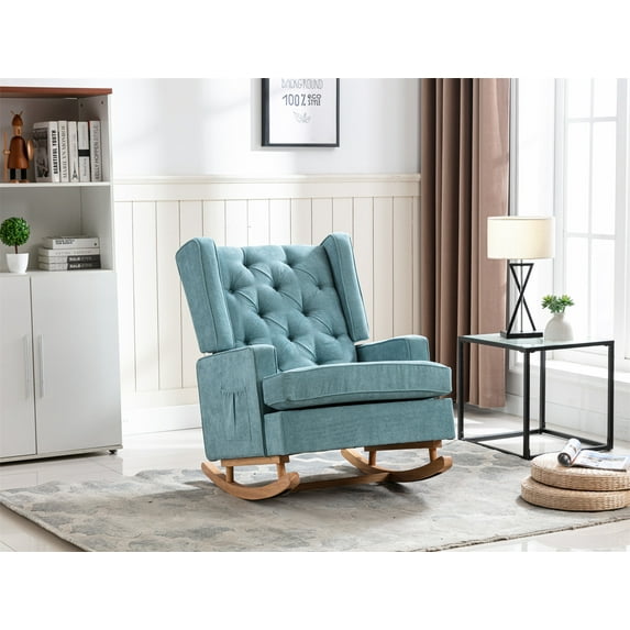 Rocking Chair, Modern Fabric Upholstered Accent Arm Chair with High Back and Solid Wood Base, Comfy Glider Rocker Side Chair with Padded Seat for Living Room Nursery Apartment, Mint Green