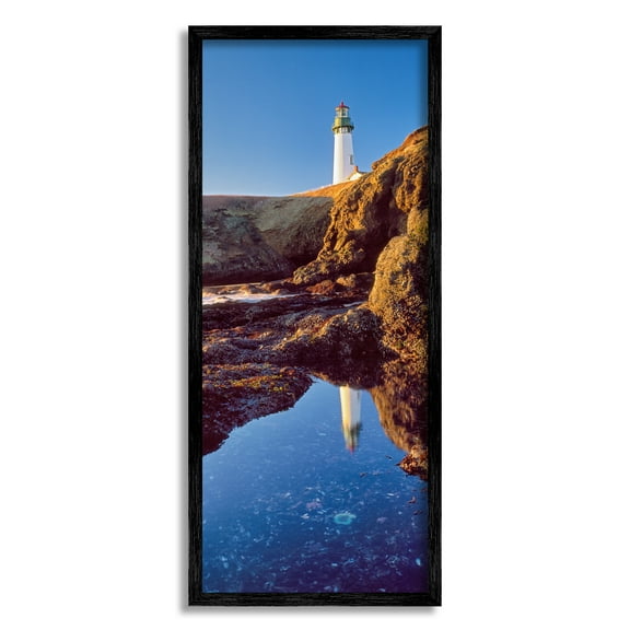 Stupell Industries Lighthouse Water Reflection Nature Photography Black Framed Art Print Wall Art, 10 x 24
