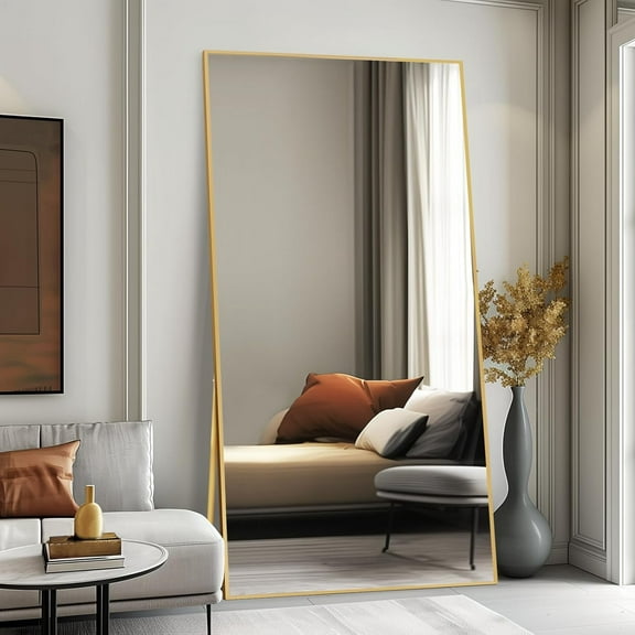 76" x 34" Large Full Length Mirror with Stand, Gold Wall Mounting Full Body Mirror, Metal Frame Full-Length Mirror for Living Room, Bedroom