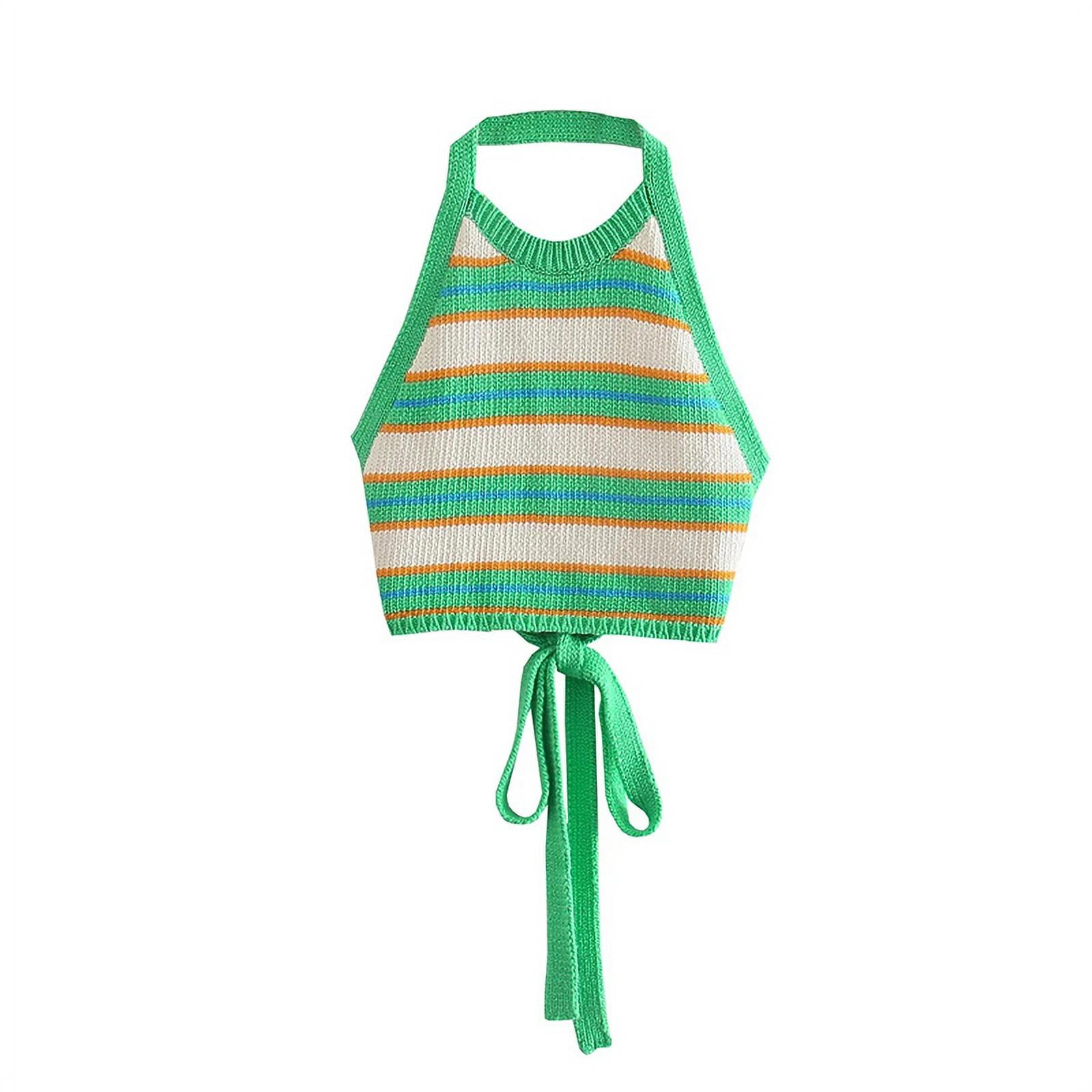 Women Sexy Backless Halter Vest, Stripe Pattern Halter Neck Sleeveless