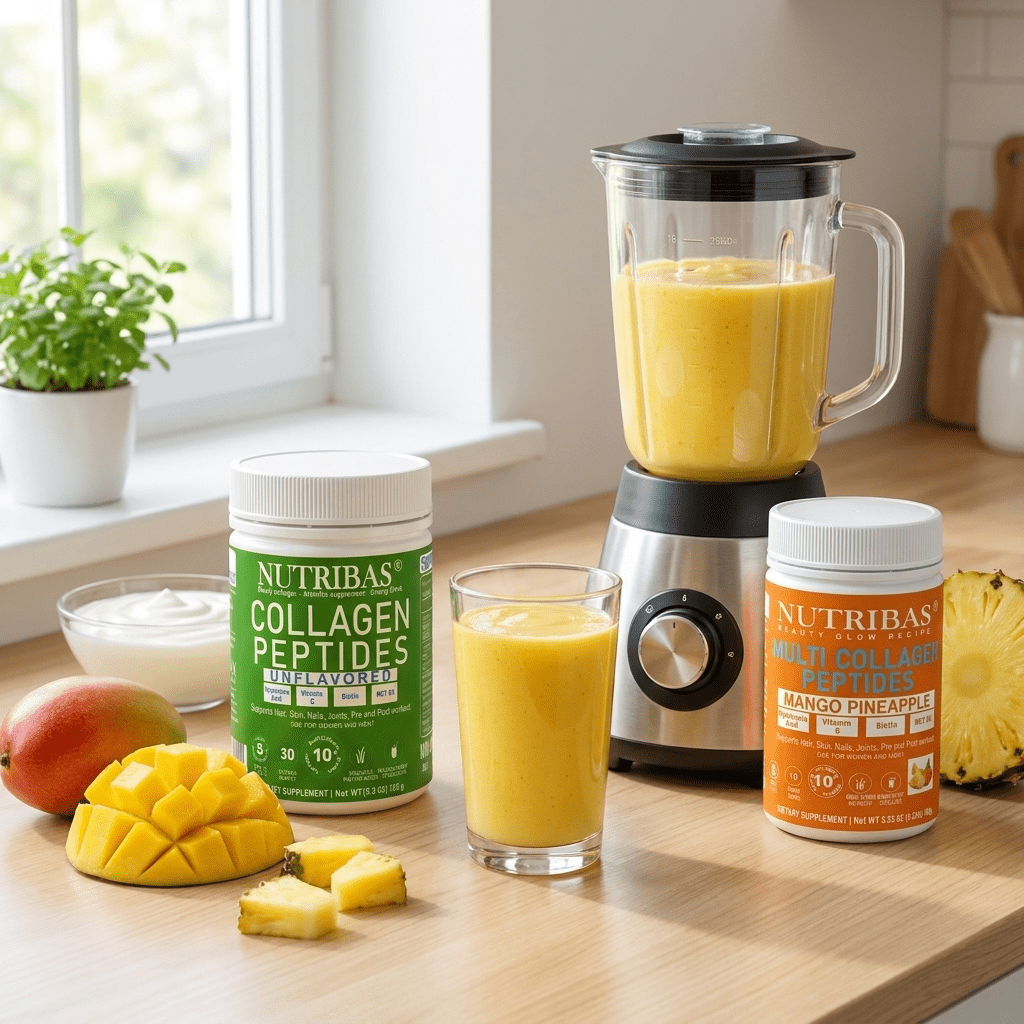 Nutribas Protein Multi Collagen Peptides Powder for Whole Body Support with MCT, Vitamin C, Biotin & Hyaluronic Acid, Unflavored & Mango Pineapple , 9 oz