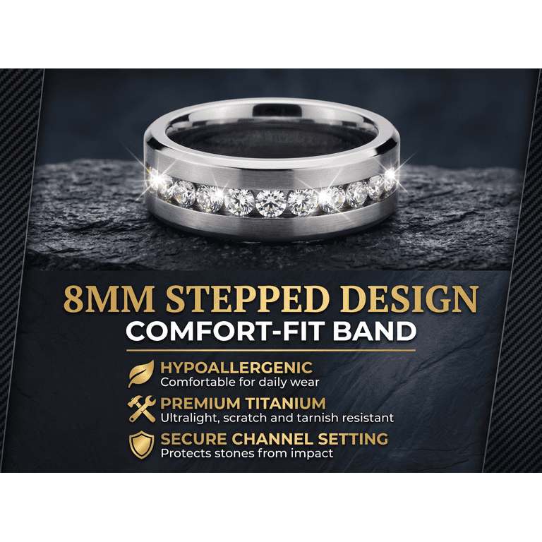 Metal Masters Titanium Wedding Band Ring, Channel-Set CZ photo 6