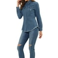 thumbnail image 4 of INSPIRE CHIC Women's Point Collar Long Sleeve Distressed Raw Hem Button Denim Shirt XS Blue, 4 of 6