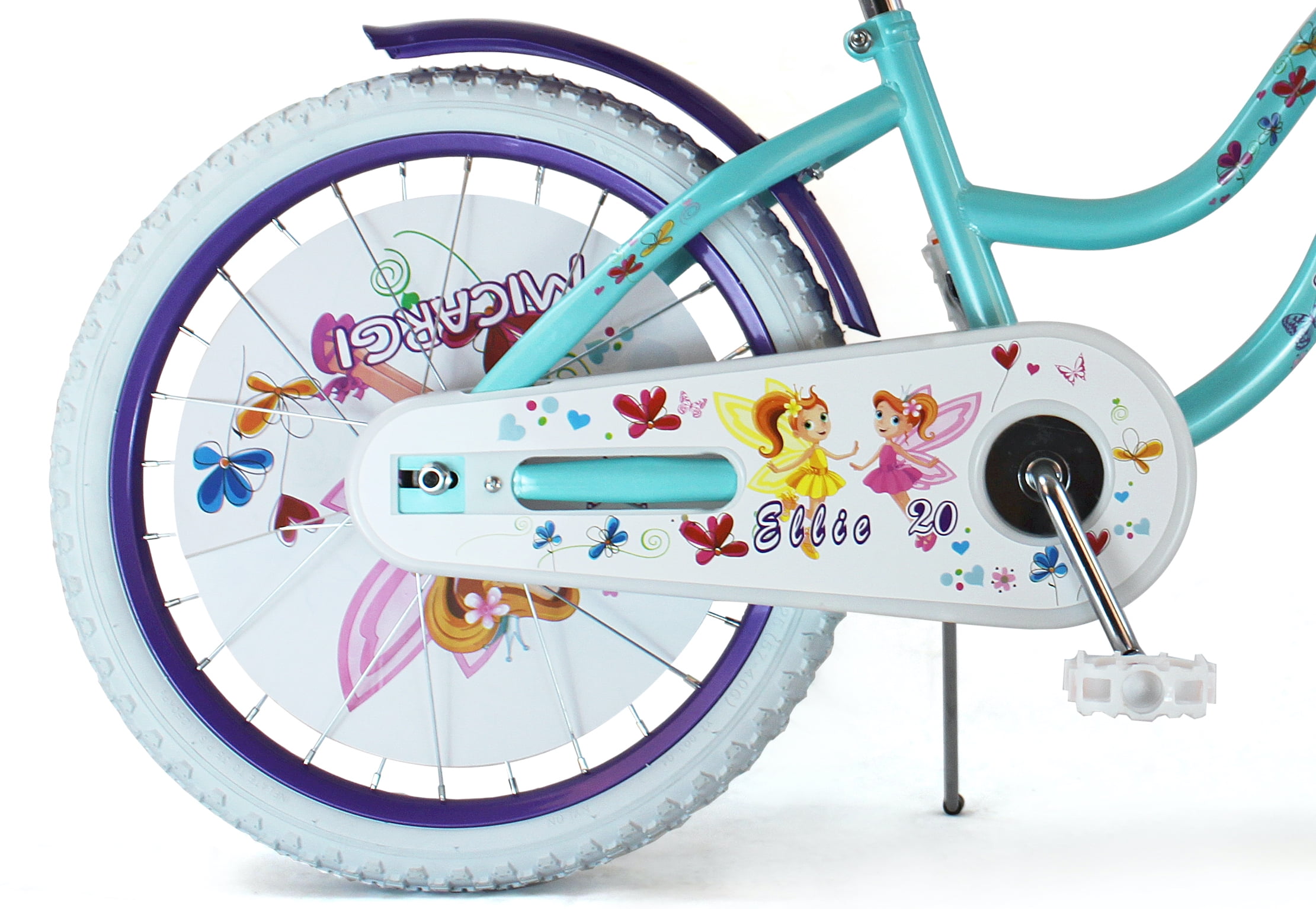 PlayWorld 20 In. Cruiser Steel Frame Bicycle Coaster Brake One Piece Crank, White Full cover Chain Guard, Purple Baskets, Fenders & Rims, White Tire Kid's Bike - Purple/Baby Blue