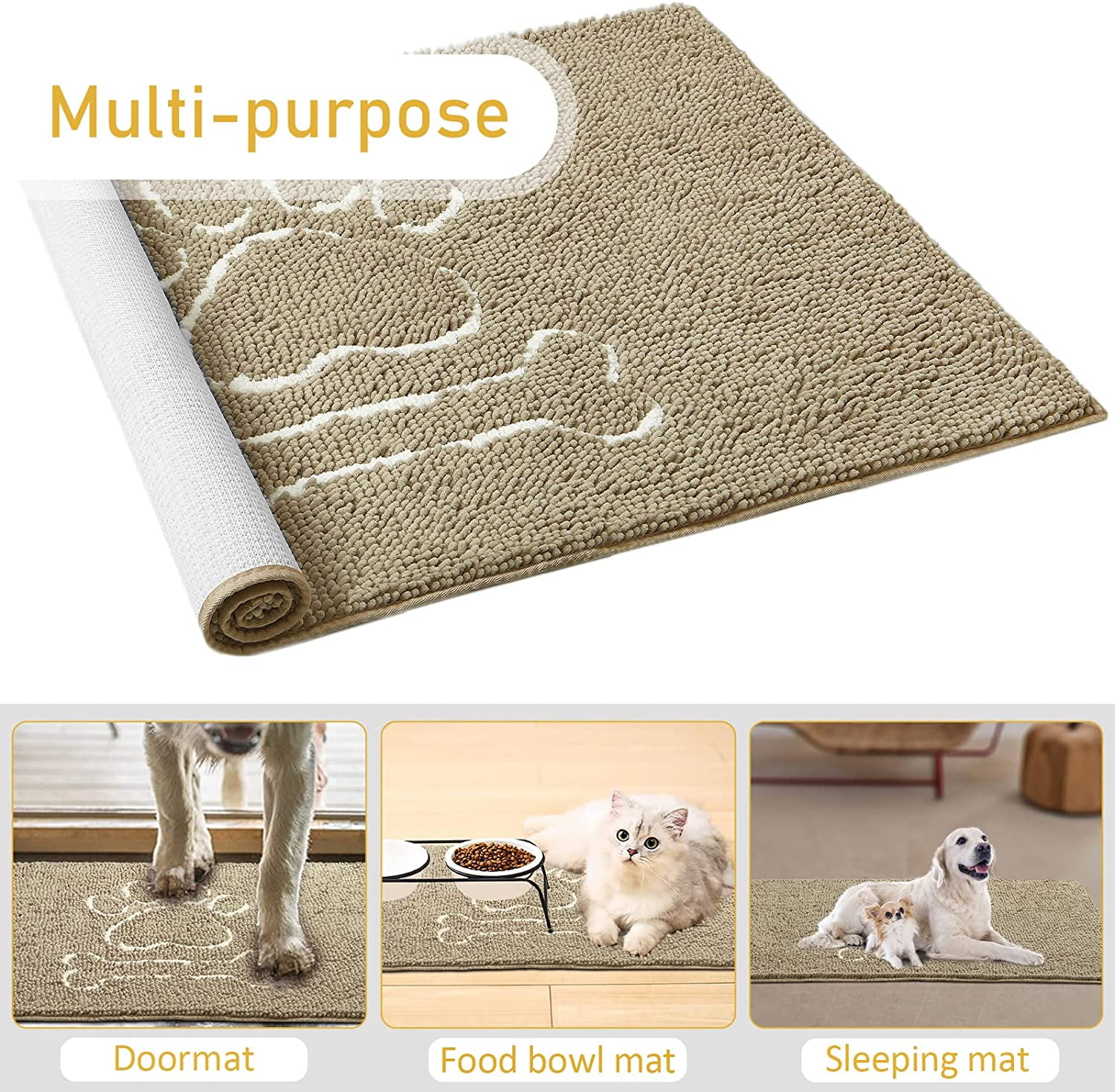 DweIke Indoor Door Mat Entryway Rug Chenille Doormat Machine Washable Doormat for Dog Paws,24"x36",Camel