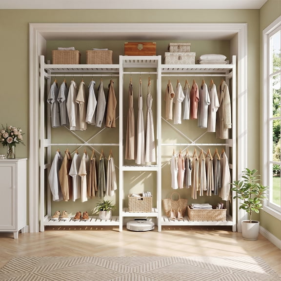 Homieasy Bamboo Closet System Clothes Rack, Large Freestanding Garment Rack Clothing Rack for Hanging Clothes with 7 Storage Shelves and 5 Rods, Open Wardrobe Organizer with 4 Hooks, White