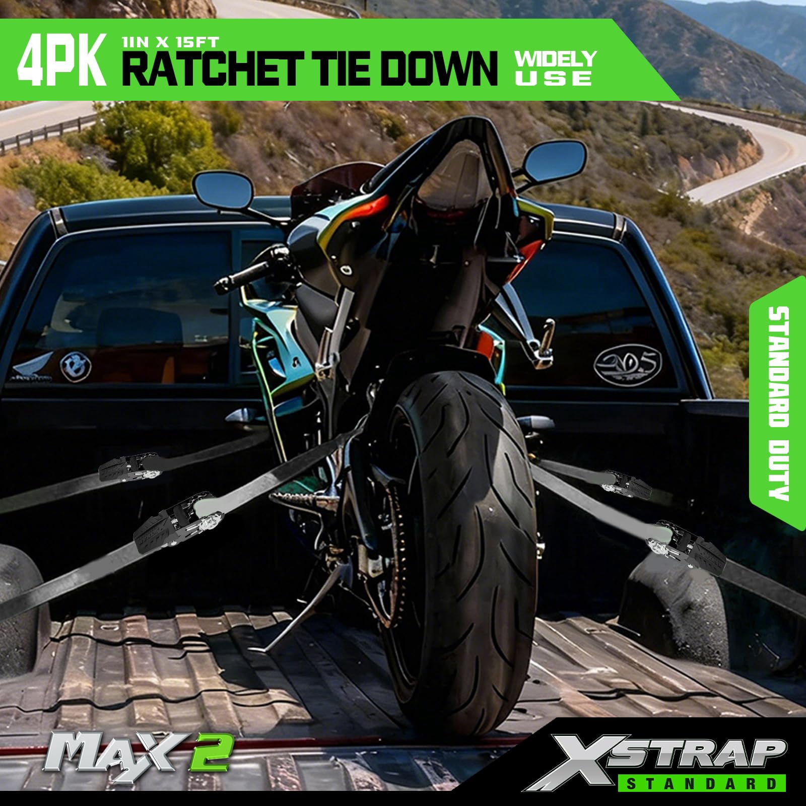 XSTRAP STANDARD Motorcycle Ratchet Tie Down Straps - 4 Pk 1'' x 15 Ft 1890 Lbs Break Strength-Cargo Straps with Integrated Soft Loops, Padded Handles & Coated Safety Clip for Motorcycle, Truck(Black)