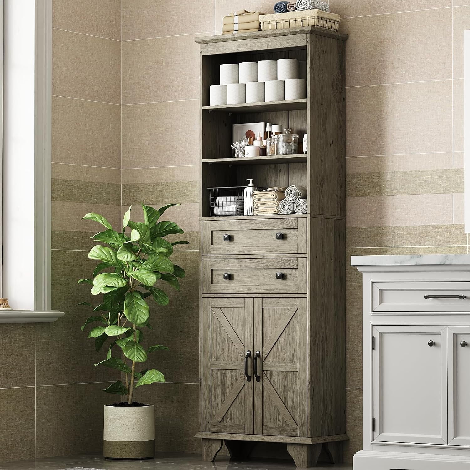 NEGYLIM 72" Tall Bathroom Storage Cabinet, Freestanding Cabinet with Adjustable Shelves, Large Bathroom Pantry Cabinet with 2 Drawers for Living Room, Kitchen, Dining Room, Office, Grey