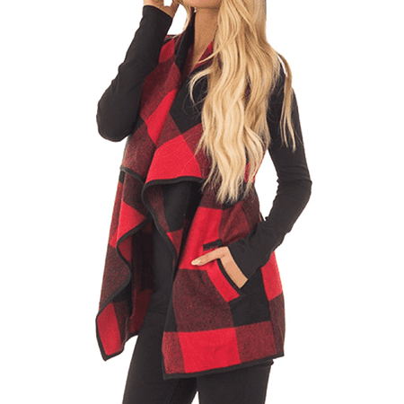 - Red / Khaki / Black Long Outwear Sleeveless Blouse Coat for Women, Women's Lapel Open Front Plaid Vest Cardigan with Pockets, S-XL