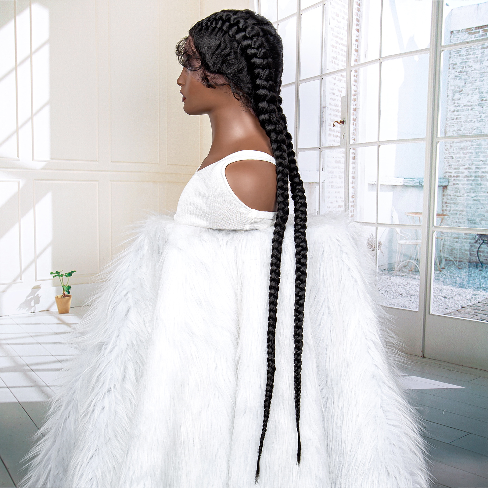 36 Inches Long Lace Front Synthetic Braided Wigs Lace Front Twins Cornrow Braided Wig for Black Women with Baby Hair Middle Part (1B Color)