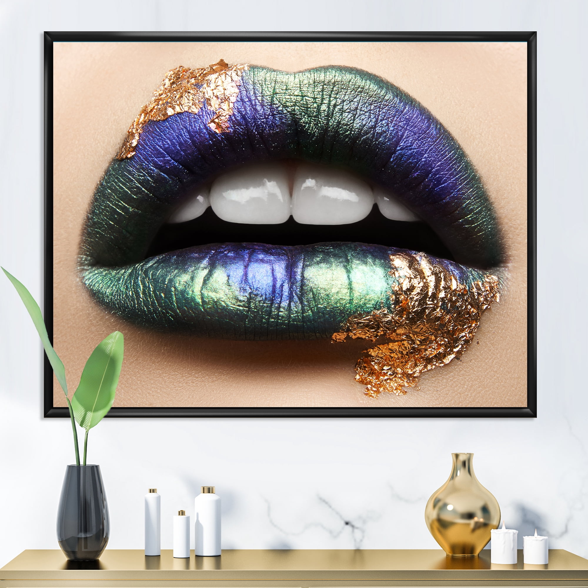 Designart 'Woman Lips With Green Lipstick & Teeth' Modern Framed Canvas Wall Art Print
