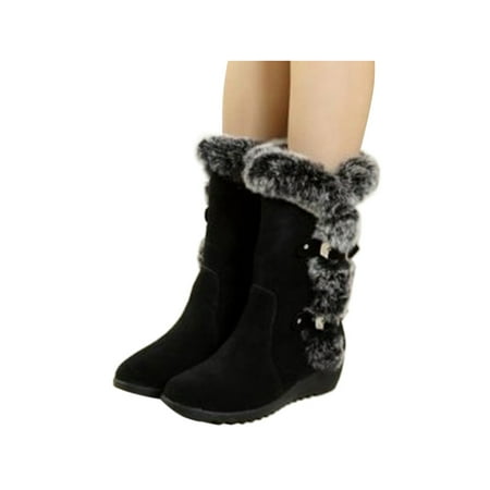 

Ymiytan Women Mid Calf Boot Plush Lining Winter Shoes Faux Fur Snow Boots Walking Comfort Warm Black 6