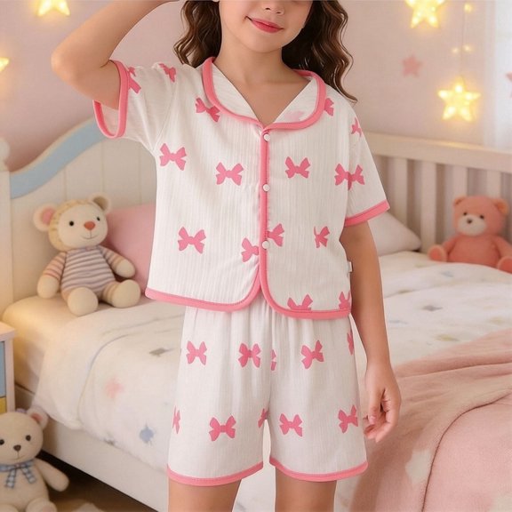 BRGZLK Toddler Baby Girls Heart Print Loungewear Summer Button Up Cardigan Turn-Down Collar Tops and Shorts Comfy Kids Set for Girls Boys Pink A 1-2 Years