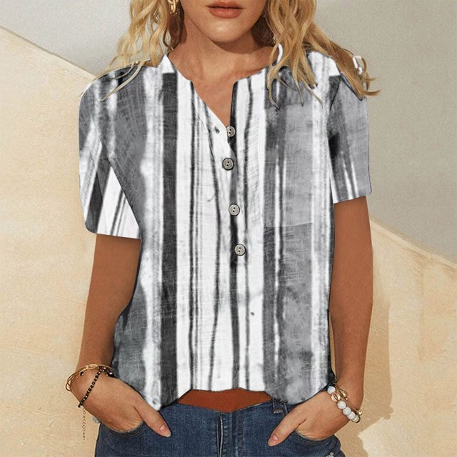 ICHUANYI Clearance Fashion Women Round Neck Short Sleeve Print Button Pocket Casual Tops(Gray, M) ICHUANYI WER2023081200318