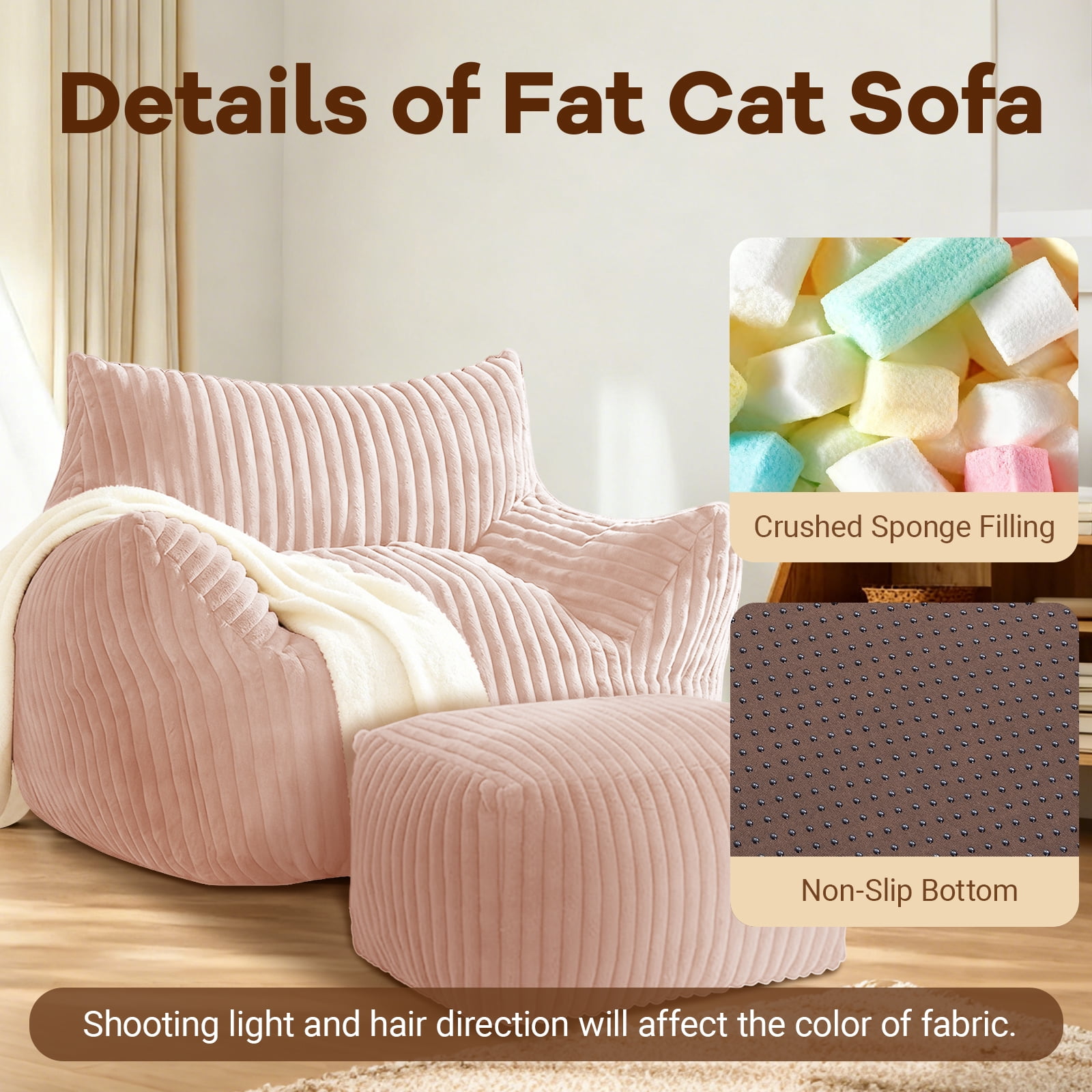 Sofa Chair with Ottoman, 5-Zone Ergonomic Support Suede Chair, High-Rebound Foam and Wide Armrests, Compact Boxed Delivery for Small Apartments, Pink