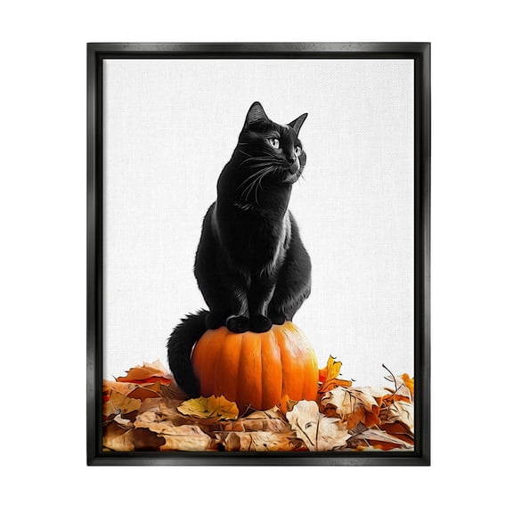 Stupell Industries Black Cat & Pumpkin Holiday Painting Black Floater Framed Canvas Art Print Wall Art, 17 x 21
