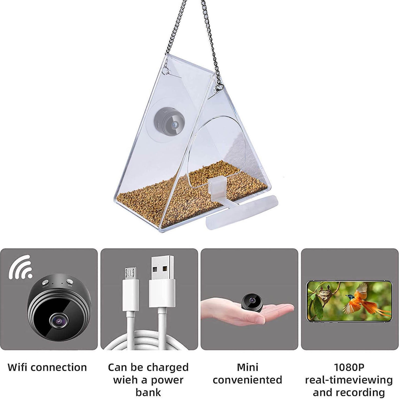 XGFHYJEH Solar Power Smart Bird Feeder, Bird Feeder with Camera, Bird Feeders Clearance, Bird Feeders for Outdoors Hanging, HD 1080P Night Version Camera, WiFi Remote Connection
