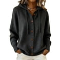 thumbnail image 2 of Women Hooded Button Front Knit Cardigan Top Drawstring Long Sleeve Loose Soft Sweater, M, 2 of 9