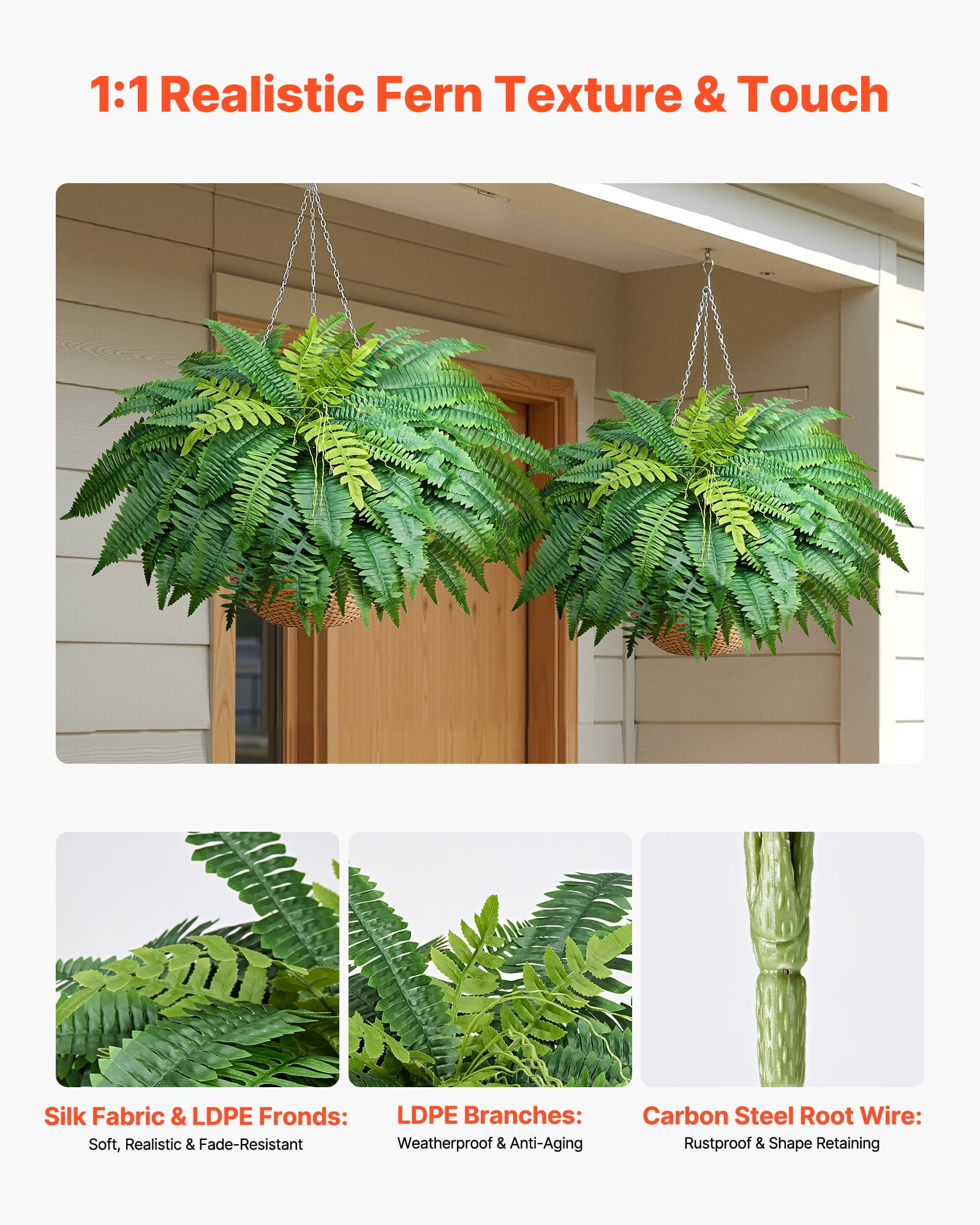 VEVOR Artificial Ferns, 50 Inch Fake Boston Fern Bush Plant with 96 Fronds, Large Faux Greenery for Indoor and Outdoor Decor, Silk & LDPE, Realistic for Home Porch Garden Office Living Room Planter
