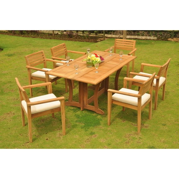 Teak Dining Set: 6 Seater 7 Pc: 69" Warwick Console Folding Dining Rectangle Table And 6 Montana Stacking Arm/Captain Chairs Outdoor Patio Grade-A Teak Wood WholesaleTeak #WMDSMTo