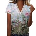 thumbnail image 2 of Hauts d'Été pour Femmes 2023 Mode Oversize Col en V Patchwork en Dentelle Manches Courtes Blouse Décontractée Chemises Col en V en Dentelle pour Femmes, 2 of 5