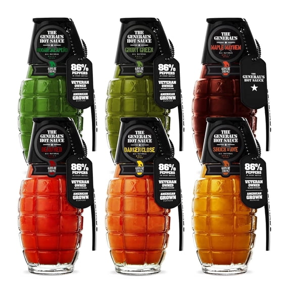 The General’s Hot Sauce Super 6 Gift Set, 5 Hot Sauces 1 Hot Maple Syrup, 6-Pack (6oz Bottles)