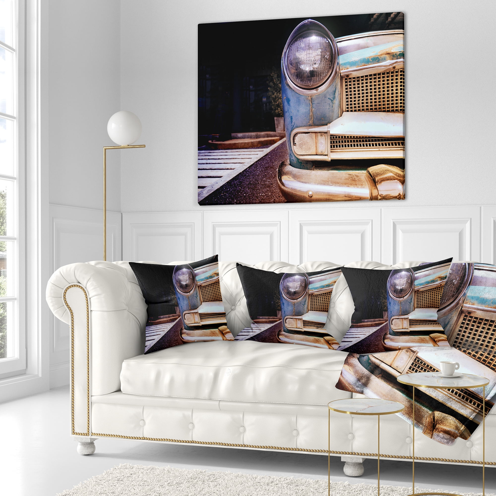 Designart Front Headlight Of Vintage Car - Cars Throw Pillow - 18x18