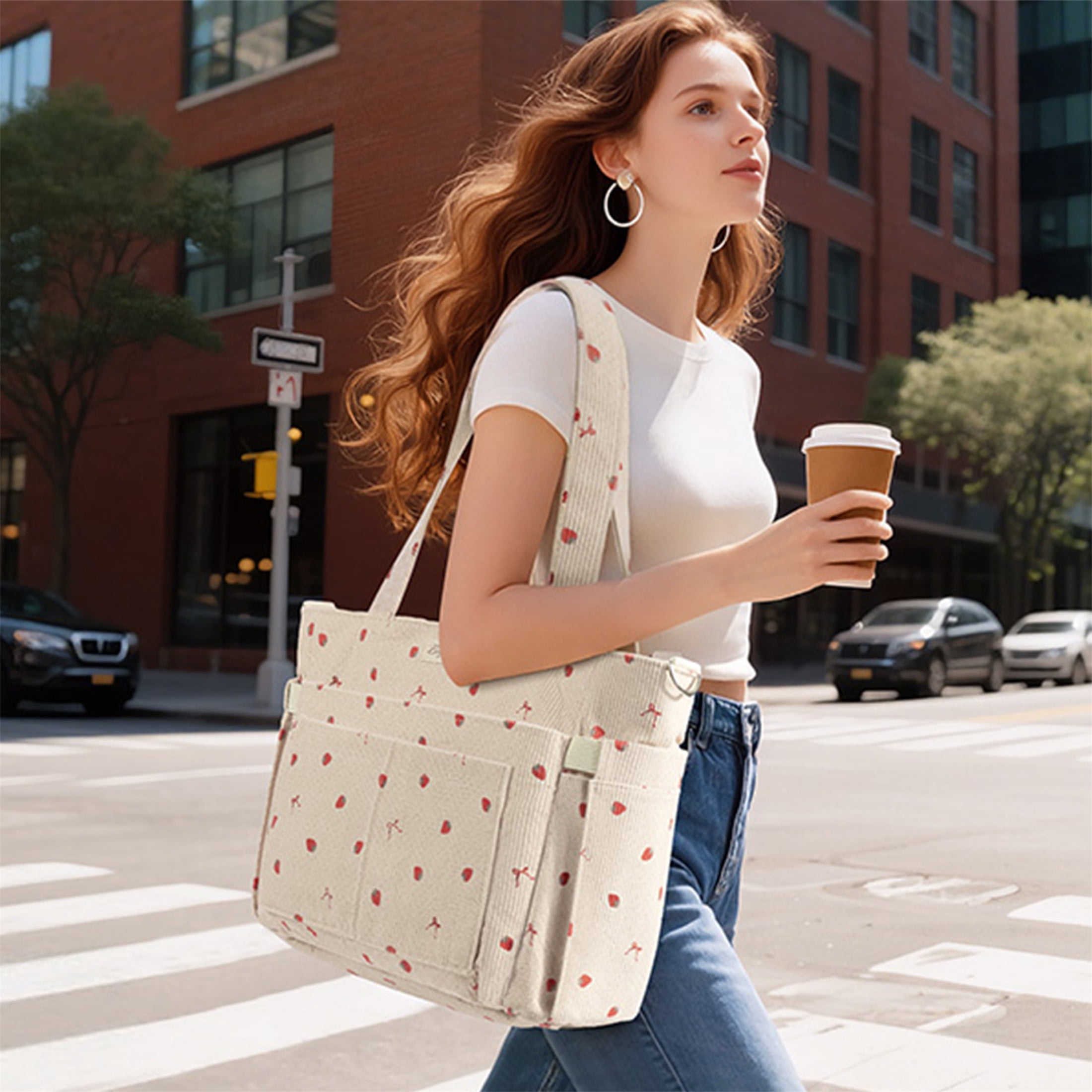 Corduroy Tote Bag for Women, Lightweight Work Laptop Tote Purse With 17 Pockets, Crossbody Shoulder Handbag for School Work Travel Gym, Beige Strawberry