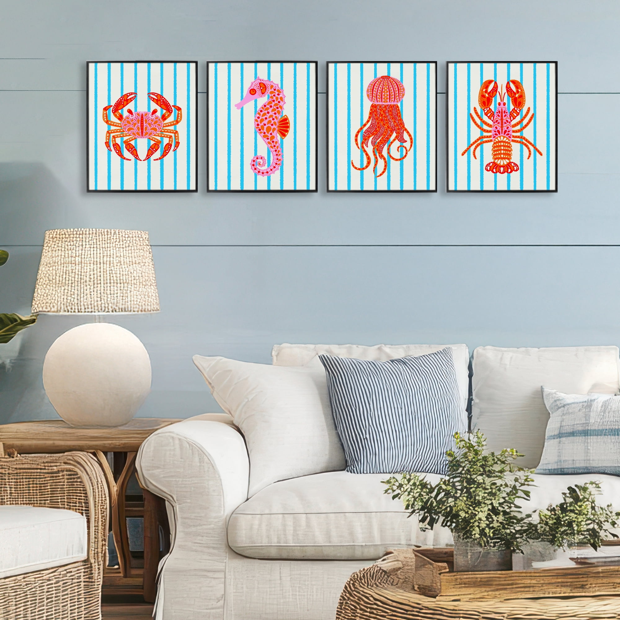 Stupell Industries Bright Sea Creatures on Stripes 4 Piece Black Framed Giclee Art Set, design by Indira Prieto | IndySign