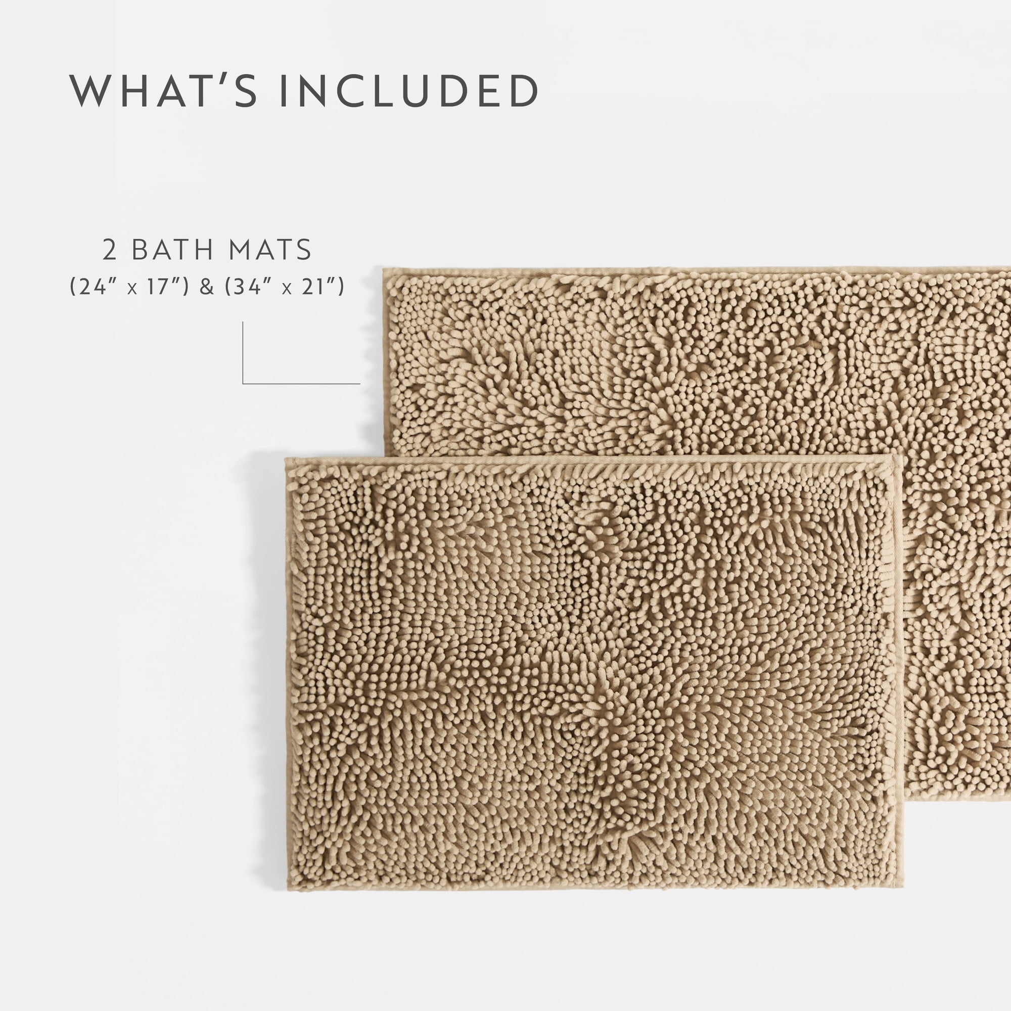 Soft Absorbent Chenille Bath Mat Rug with Anti-Skid Rubber Backing, 2 Pack, Tan, by Noble Linens