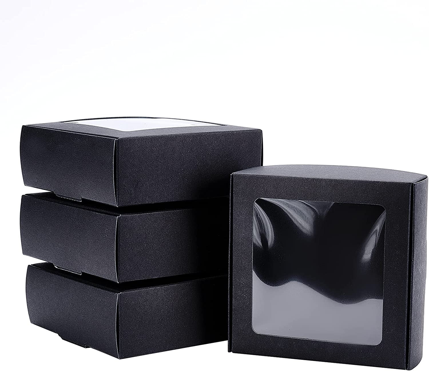 20 Pack Black Kraft Paper Boxes with Clear Window 3.6x3.6x1.4 Inch